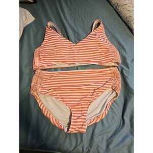 LANDS END Size XL Pink Coral White Stripes SWIM BIKINI  14W 16W 18W 2 piece READ